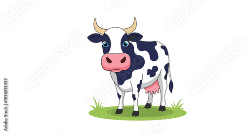 A friendly black and white spotted dairy cow with horns standing in green grass, illustrated in a cute and simple cartoon style on a white background.