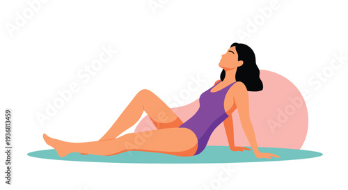 A stylish faceless illustration of a woman in a purple swimsuit relaxing and sunbathing, depicted in a modern, minimalist flat vector style.