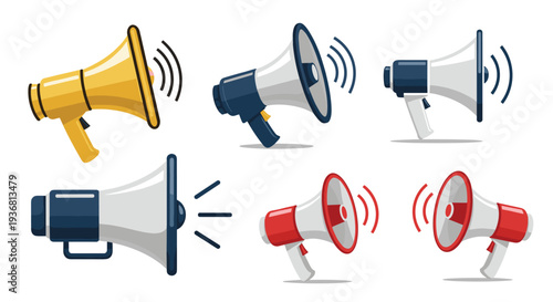 A collection of six megaphones in various colors and angles, illustrated in a modern flat style with sound wave icons to symbolize broadcasting or alerts.