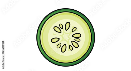 A vibrant cartoon illustration of a single round slice of green cucumber, showing the seeds in the center, with a bold black outline for a graphic look.