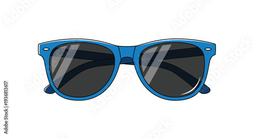 Simple and stylish cartoon illustration of a pair of classic wayfarer-style sunglasses with a bright blue frame and dark lenses, isolated on white.