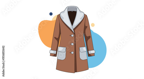 Stylish cartoon illustration of a warm brown winter coat with a fluffy white collar and pockets, set against a background of modern abstract shapes.