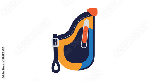Modern and colorful flat icon of a rock climbing safety harness in shades of blue and orange, isolated on a white background for sports and adventure themes.