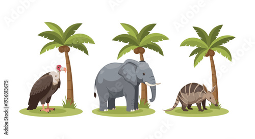 Set of three cartoon African animals including a vulture, an elephant, and an aardvark, each standing on a patch of grass next to a palm tree.