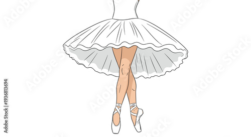 Elegant illustration focusing on the graceful legs of a ballerina wearing white pointe shoes and a classical tutu, standing en pointe on a white background.