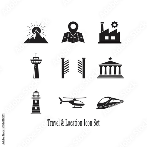 Travel, Industry, and Transportation Icon Set: Landmarks, Infrastructure, and Navigation Symbols