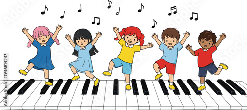 Happy Kids Dancing on Piano Keys Cartoon Illustration Children Music Fun and Creativity Vector