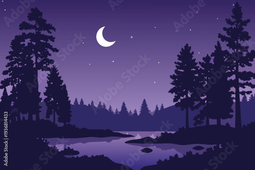 Night Forest Lake Landscape with Crescent Moon and Stars Silhouette Trees
