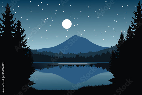 Night Landscape with Full Moon over Lake and Mountains Starry Sky Pine Trees Reflections Stock Illustration