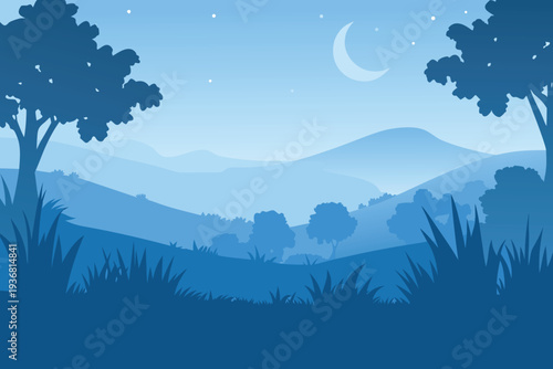 Night Landscape with Moon and Stars Silhouette Trees and Hills Stock Illustration