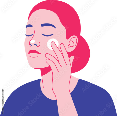 Woman with closed eyes gently applies cream or lotion to her cheek using her fingertips for a skincare routine.