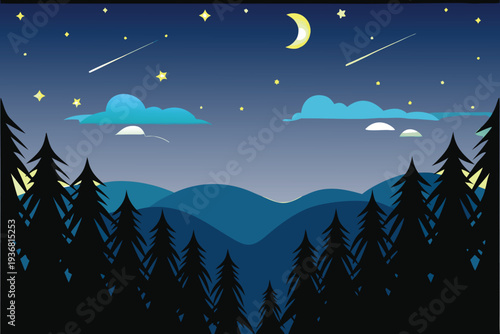 Night Sky Landscape with Pine Trees Moon Stars and Shooting Stars