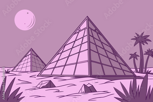 Futuristic purple pyramids under a vibrant moonlit desert landscape