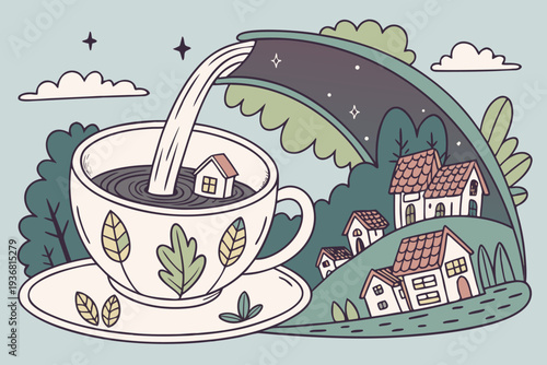 Whimsical village scene pouring into a teacup with magical night sky