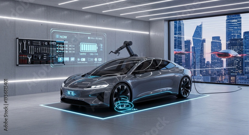 Futuristic Silver Car Displayed in Modern Showroom.