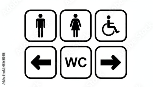 Universal vector icons for public facility navigation, featuring male, female, disabled access, WC, and directional arrow symbols for clear restroom and wayfinding signage