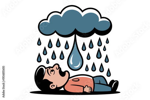 A cartoon man lying under a rainy cloud feeling sad and depressed