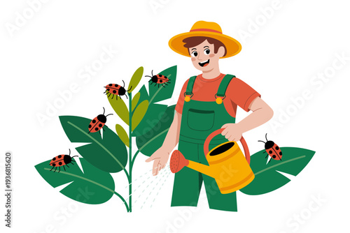 A farmer wearing green overalls waters a plant with ladybugs nearby