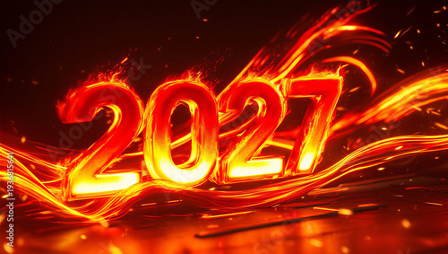 Glowing orange 2027 year number with fire flames and sparks effects transparent background