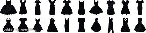 Dress silhouettes collection, fashion clothing, women’s wear, sleeve variations, neckline styles, skirt shapes, bodice designs, apparel icon, clothing pattern, vector illustration