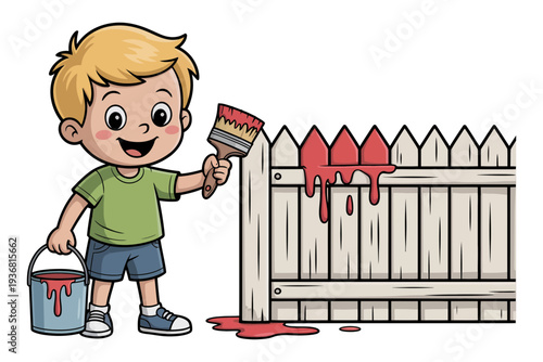 A boy painting a wooden fence with a paintbrush and bucket