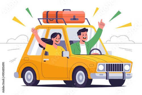 A happy couple traveling in a yellow car with luggage on top