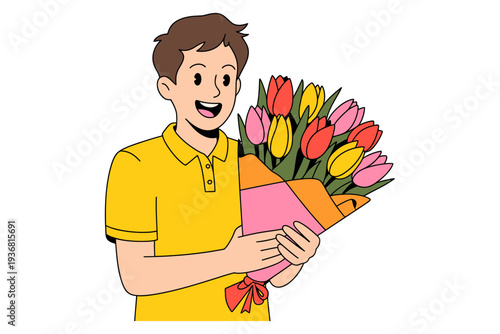 A smiling man holding a bouquet of colorful tulips in his hands