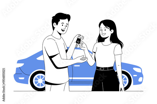 A car salesman handing over keys to a happy female customer