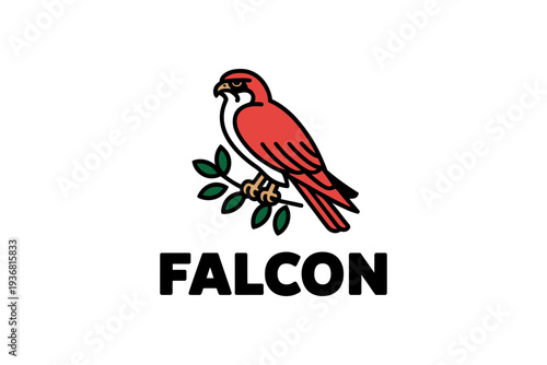 A red falcon logo sitting on a branch with green leaves