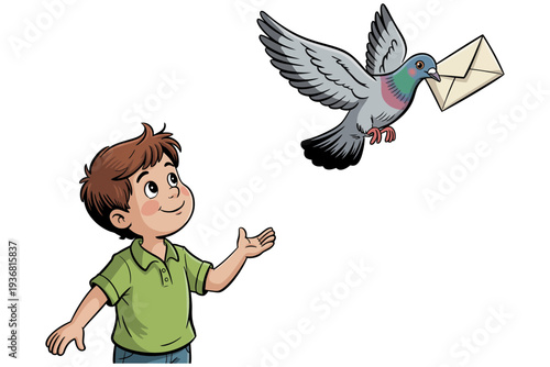 A happy boy watching a pigeon flying with an envelope in its beak