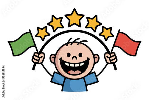 A happy cartoon boy holding flags and stars in a circular frame