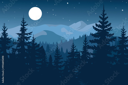 Pine forest silhouetted against moonlit mountains and starry night sky vector illustration
