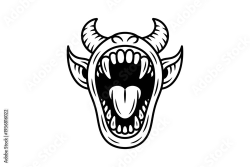 A devil head illustration with an open mouth and sharp teeth