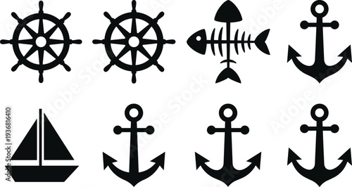 Nautical vector icon set featuring ship steering wheels, anchors, sailboat, and fish skeleton symbols in black minimalist flat design for maritime sea travel concepts.