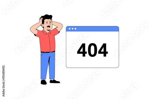 Error 404 page not found illustration with a stressed cartoon man
