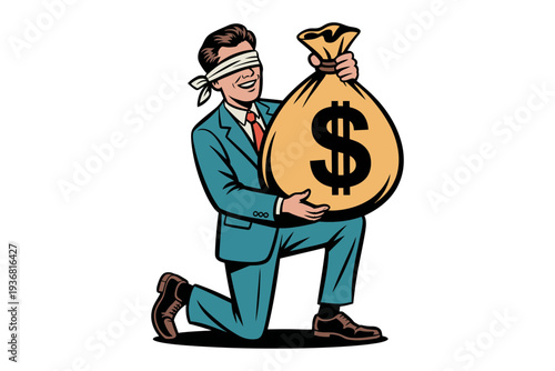 A blind businessman holding a large money bag with a dollar sign