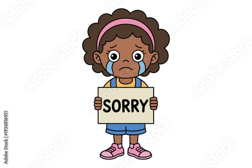 A sad little girl holding a sorry sign in cartoon illustration