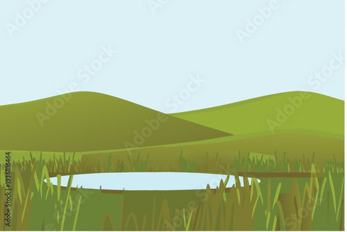 Pond in grassy meadow with rolling hills and blue sky cartoon vector illustration