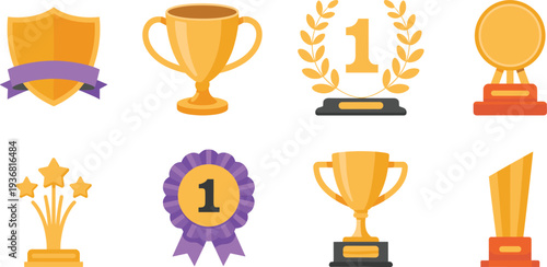 Golden trophy cups and awards set with first place medals, prize ribbons, and star victory icons