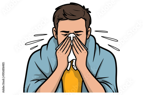 A sick man blowing his nose in a tissue with a blue shawl