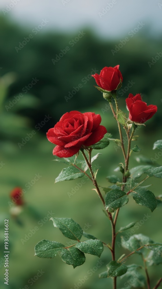 Obraz premium Dew Covered Red Roses Blooming Upward in Vertical Shot of Nature's Beauty