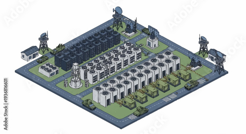 Isometric view of a futuristic city block with sleek buildings and green spaces.