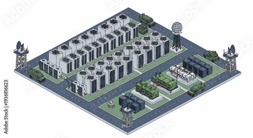 Isometric illustration of a data center complex with buildings and infrastructure.