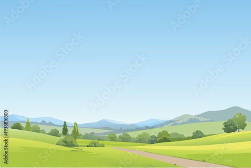 Rolling Green Hills Landscape with Path Under Clear Blue Sky