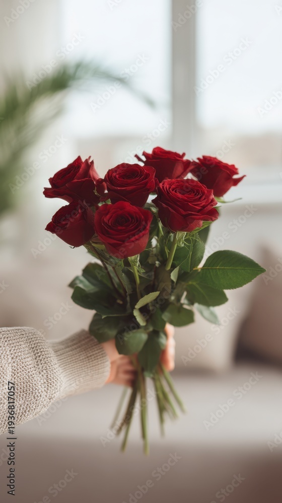 custom made wallpaper toronto digitalHands Holding a Beautiful Bouquet of Red Roses in a Bright Indoor Setting