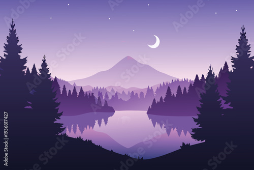 Serene Mountain Lake at Dusk with Crescent Moon and Starry Sky Forest Silhouette