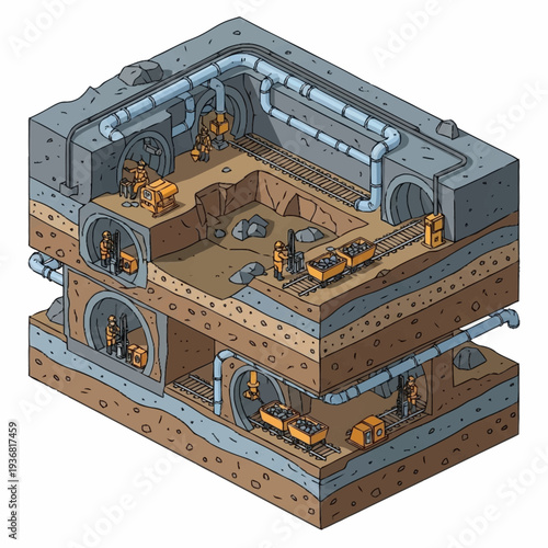 Isometric Cross Section of Underground Infrastructure and Construction.