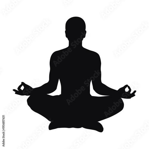 Vector black silhouette of a cross legged seated man meditating in lotus pose