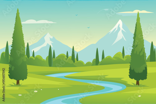 Serene Mountain Landscape with Winding River and Evergreen Trees Vector Illustration