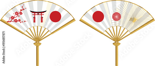 Japanese Folding Fans with Torii Gate Sakura and Rising Sun Traditional Japan Vector Illustration